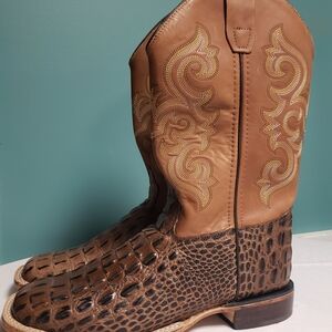 Old West Youth Boys Choc Croc & Tan Square Leather Boots Size 7D